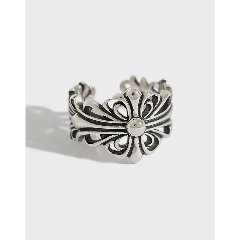 Vintage Cross Flower 925 Sterling Silver Adjustable Ring