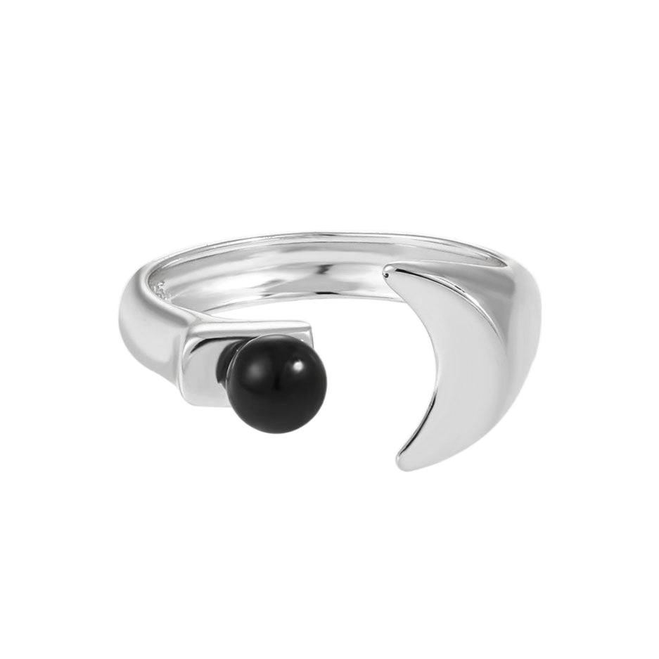 
                      
                        Graduation Round Black Agate Crescent Moon 925 Sterling Silver Adjustable Ring
                      
                    