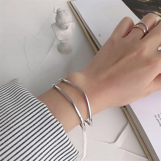 Simple Double Layler 925 Sterling Silver Open Bangle