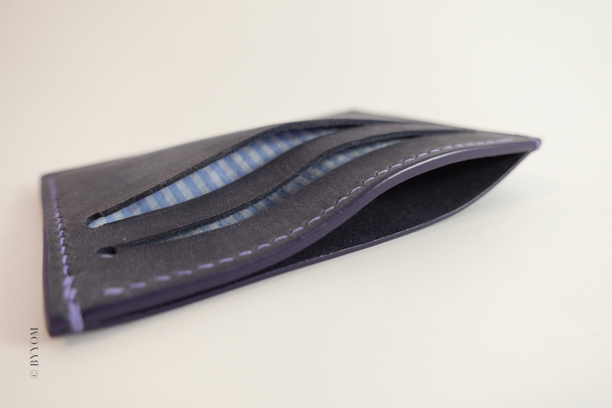Light navy Nubuck leather cardholder showing interior materials
