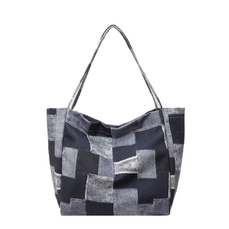 Women's Large Capacity Denim Color - contrast Check Idle Style Shoulder Commute Leisure Handbag Versatile Tote Bag