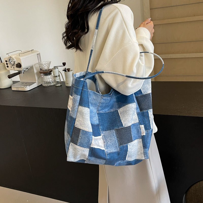 Women's Large Capacity Denim Color - contrast Check Idle Style Shoulder Commute Leisure Handbag Versatile Tote Bag